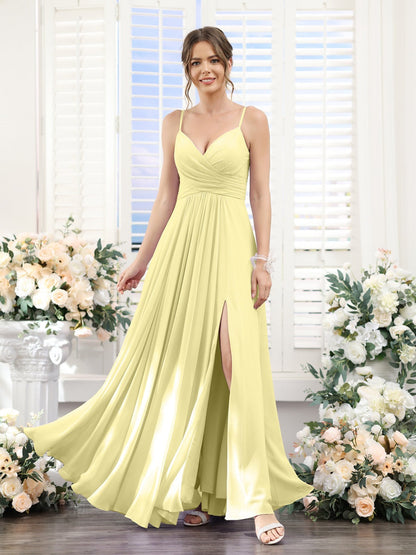 A-Line/Princess V-Neck Spaghetti Straps Sleeveless Floor-Length Chiffon Bridesmaid Dresses with Split Side