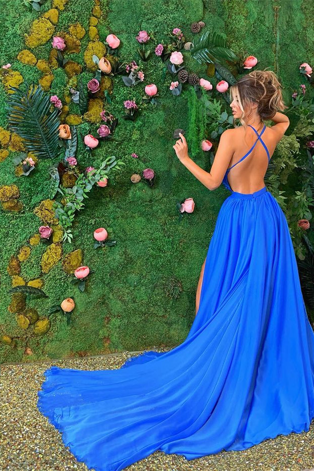 Royal Blue Sleeveless Prom Dress With Split PD0464