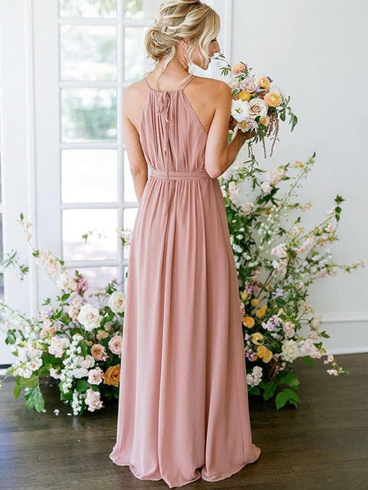 A Line/Princess Halter Sleeveless Spaghetti Floor-Length Bridesmaid Dresses with Pockets