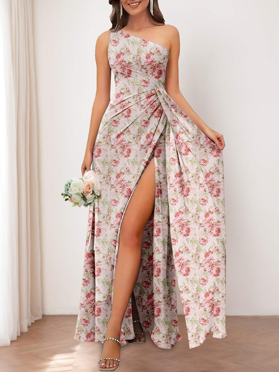 Sheath/Column One-Shoulder Printed Floral Bridesmaid Dresses with Split Side & Ruffles