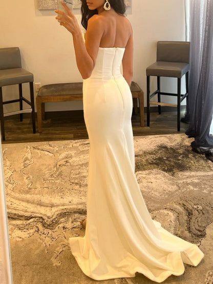 White Strapless V Neck Long Prom Dress With Slit