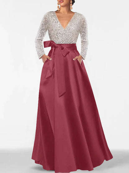 A-Line/Princess V-Neck Long Sleeves Floor-Length Mother of the Bride Dresses With Pocket & Sequins