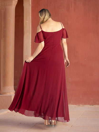 A Line/Princess Spaghetti Straps Sleeveless Floor-Length Chiffon Plus Size Bridesmaid Dresses with Split Side