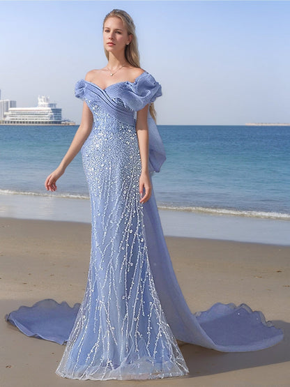 Trumpet/Mermaid V-Neck Short Sleeves Floor-Length Evening Dresses Sequins & Bow & Watteau Train