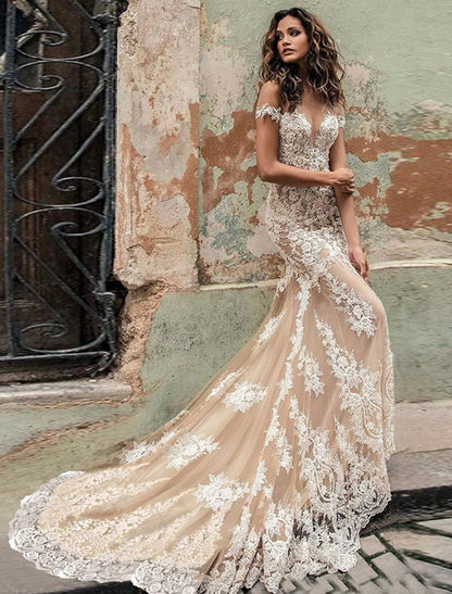 Trumpet/Mermaid Off-the-Shoulder Floor-length Lace Wedding Dress