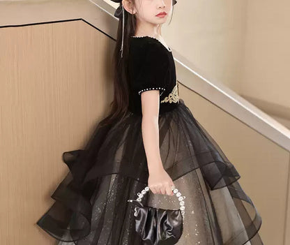 Ball Gown Square Neck Beaded Short Sleeves Girl Party Dress with Rhinestones Sash