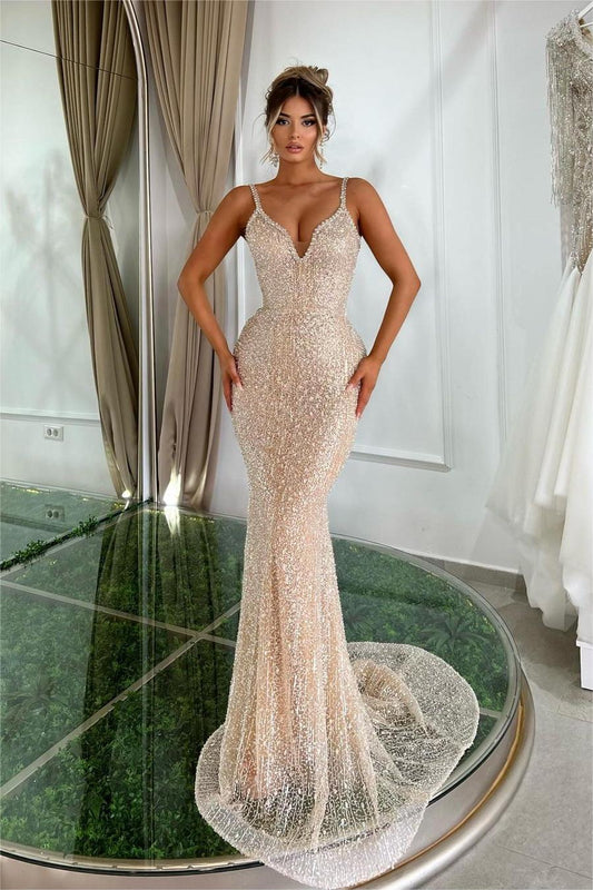 edgynewlook Gorgeous Champaign Gold Spaghetti Strap Sleeveless Mermaid Long Prom Dress with Beadings