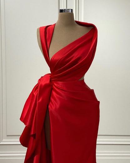 Elegant Red Charmeuse Long Prom Dress With High Slit YL0267