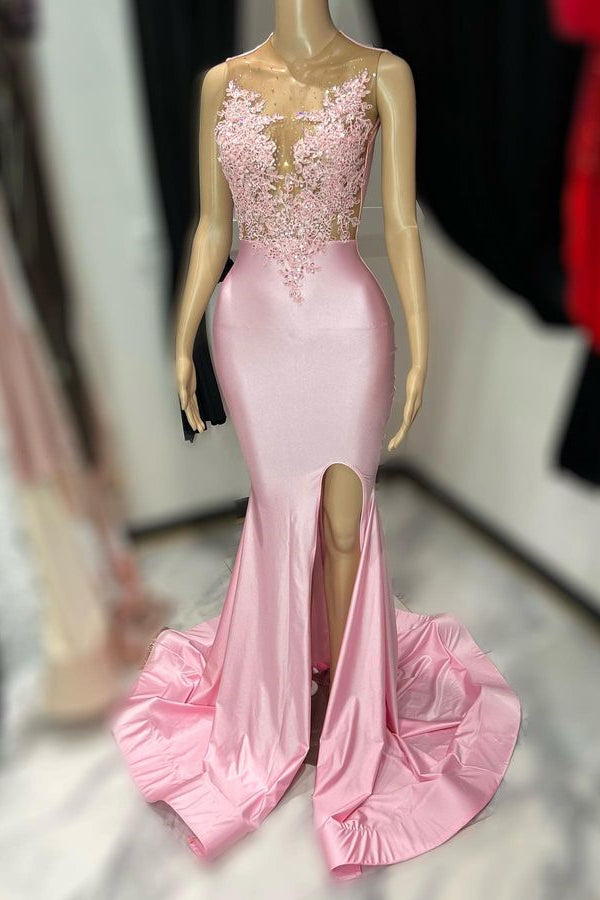 Pink Sleeveless Tulle With Appliques Mermaid Slit Prom Dress YL0075