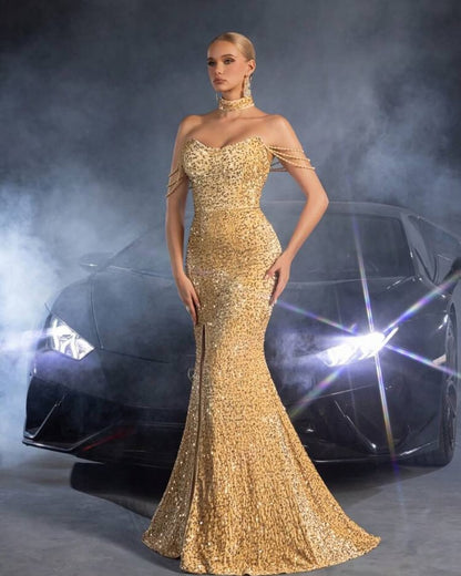 Gold Velvet Sequins Split Elegant Mermaid Prom Dress ZT0348