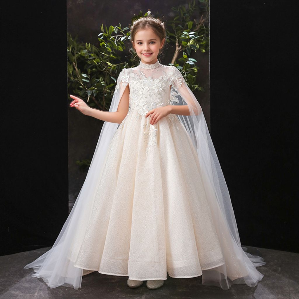 High Neck Floor-Length A-Line/Princess Girl Party Dress with Rhinestone Appliques