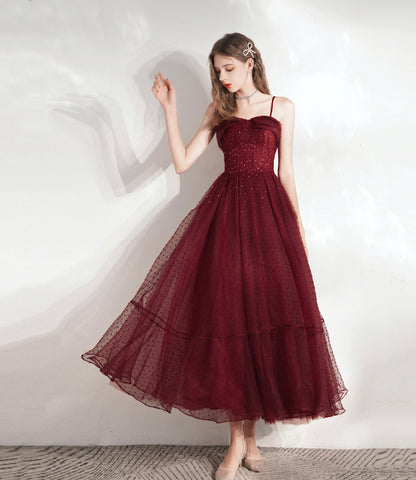 Burgundy tulle beads short prom dress homecoming dress  8793