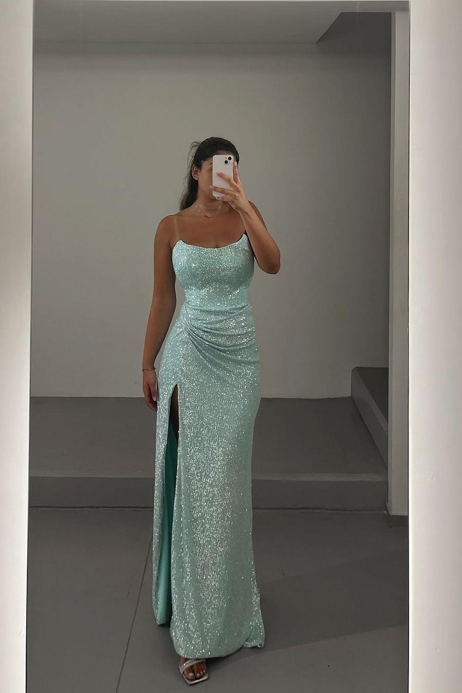 edgynewlook Shinning Mint Sequins Sleeveless Spaghtti Strap Long Pleated Prom Dress with Split