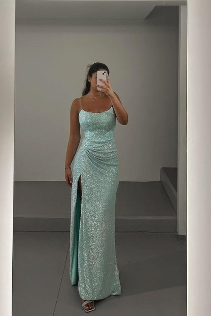 edgynewlook Shinning Mint Sequins Sleeveless Spaghtti Strap Long Pleated Prom Dress with Split