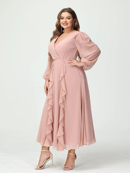 A-Line/Princess/Princess V-Neck Long Sleeves Chiffon Tea-Length Plus Size Bridesmaid Dresses with Pockets & Ruffles