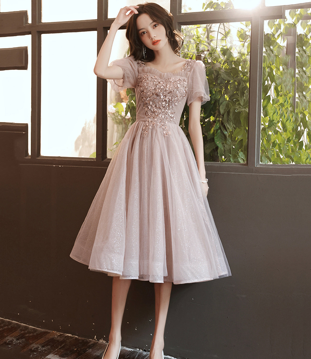 Champagne tulle sequins short prom dress homecoming dress  8988