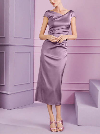 Sheath/Column Cowl Neck Short Sleeves Tea-Length Mother of the Bride Dresses with Ruffles