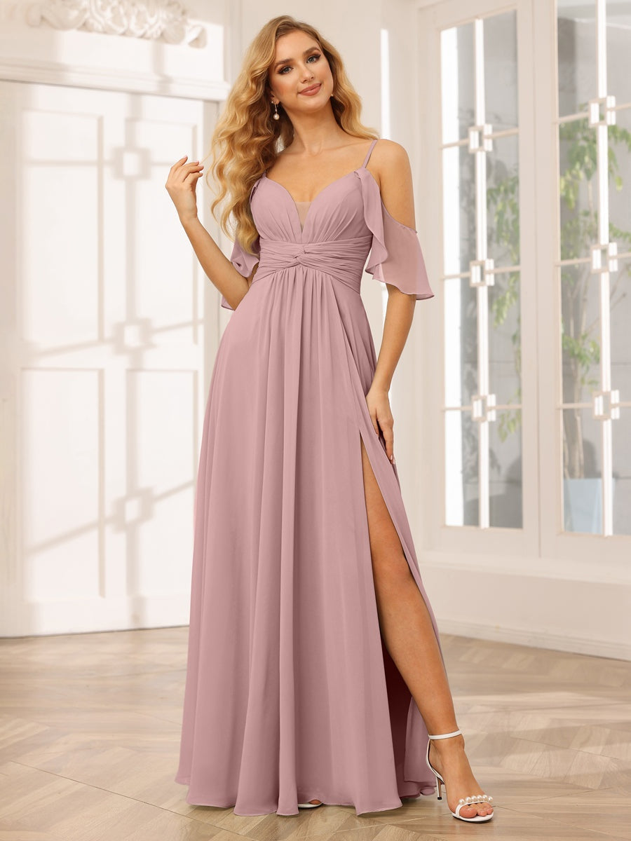 A-Line/Princess Spaghetti Straps V-Neck Floor-Length Bridesmaid Dresses with Split Side