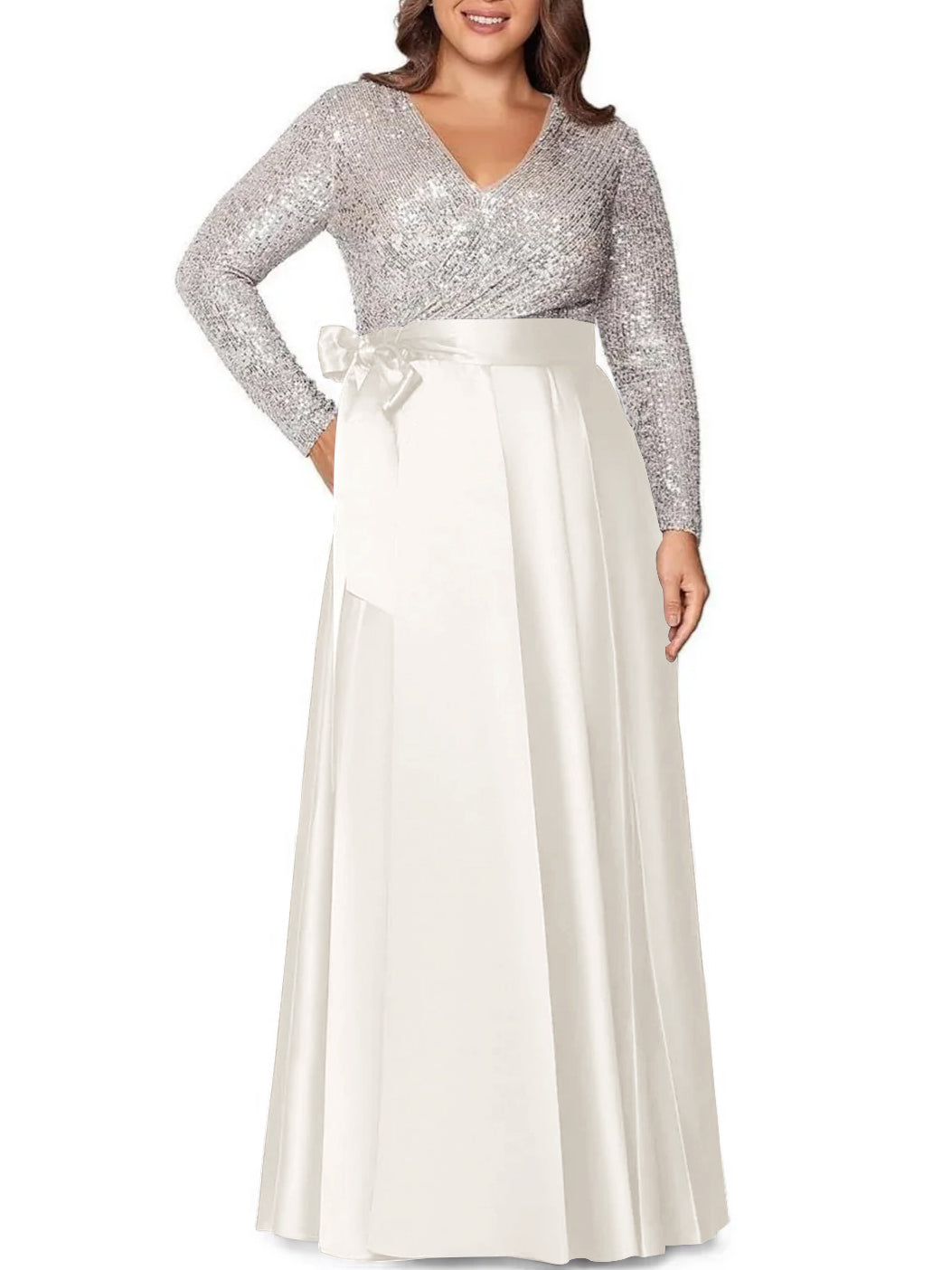 A-Line/Princess V-Neck Long Sleeves Floor-Length Plus Size Mother of the Bride Dresses With Pocket Sequins