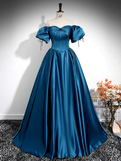 Royal Blue A-Line Prom Dress Off The Shoulder Pleated Dress YH0034