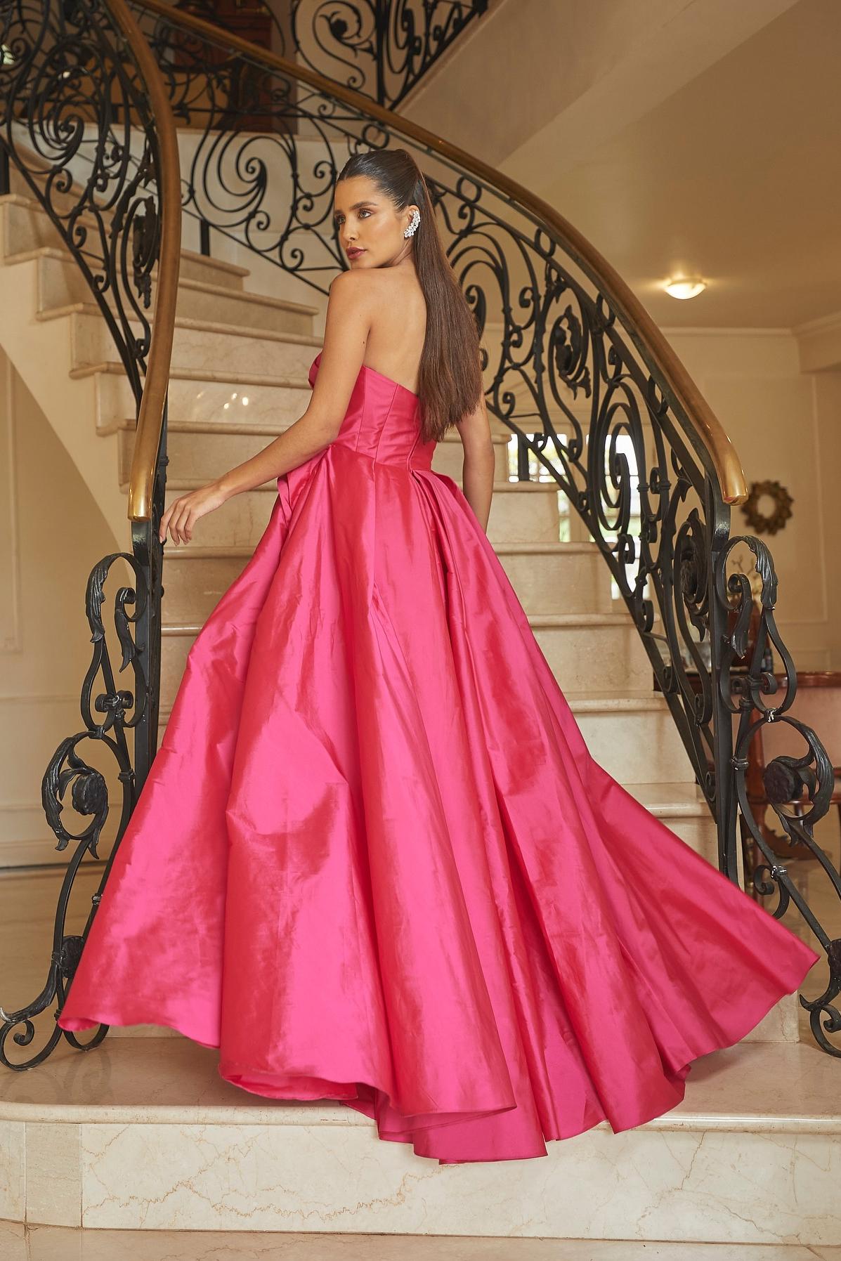 edgynewlook Beautiful Fuchsia Satin Sleeveless Strapless Long Split Prom Dress with Pleated