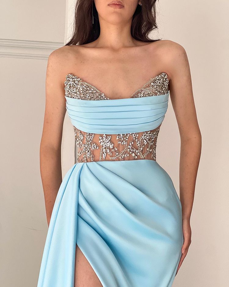 Gorgeous Sky Blue Strapless Beadings Mermaid Prom Dress With Split ED0498