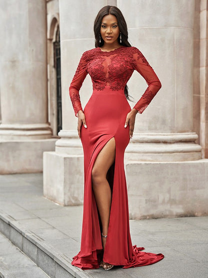 Red Long Sleeves Mermaid Prom Dress With Slit PD0168