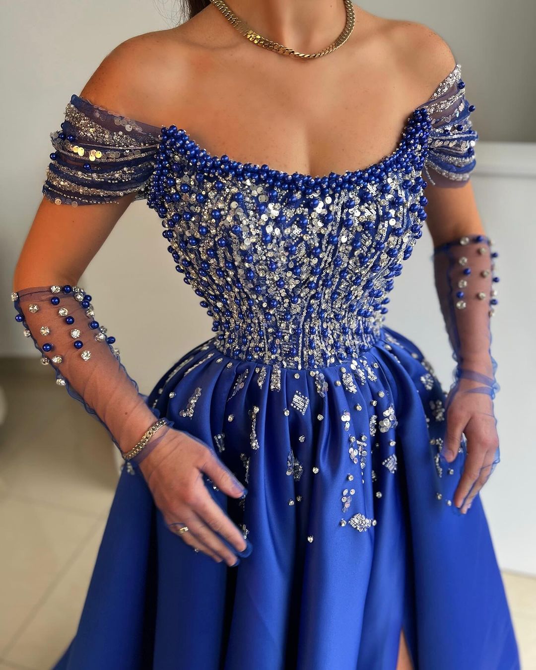 Royal Blue Off-The-Shoulder Prom Dress With Beaded Bodice And High Split ZT0167