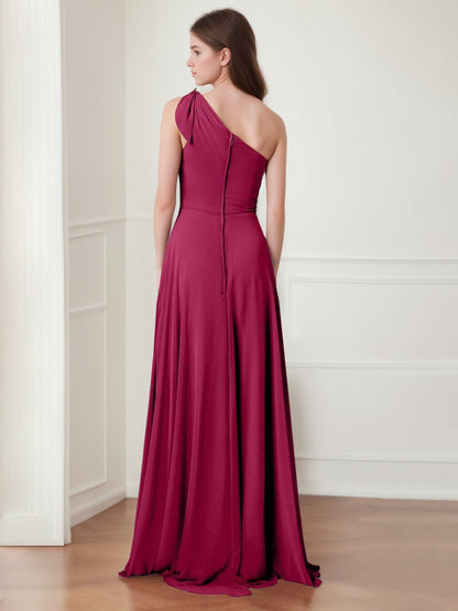 A Line/Princess One-Shoulder Sleeveless Floor-Length Bridesmaid Dresses with Bowknot