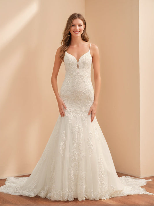 Trumpet/Mermaid Spaghetti Straps Sleeveless Long Tulle Wedding Dresses with Lace Appliques