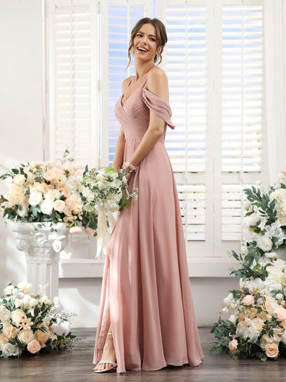 A-Line/Princess V-Neck Spaghetti Straps Floor-Length Chiffon Bridesmaid Dresses with Split Side