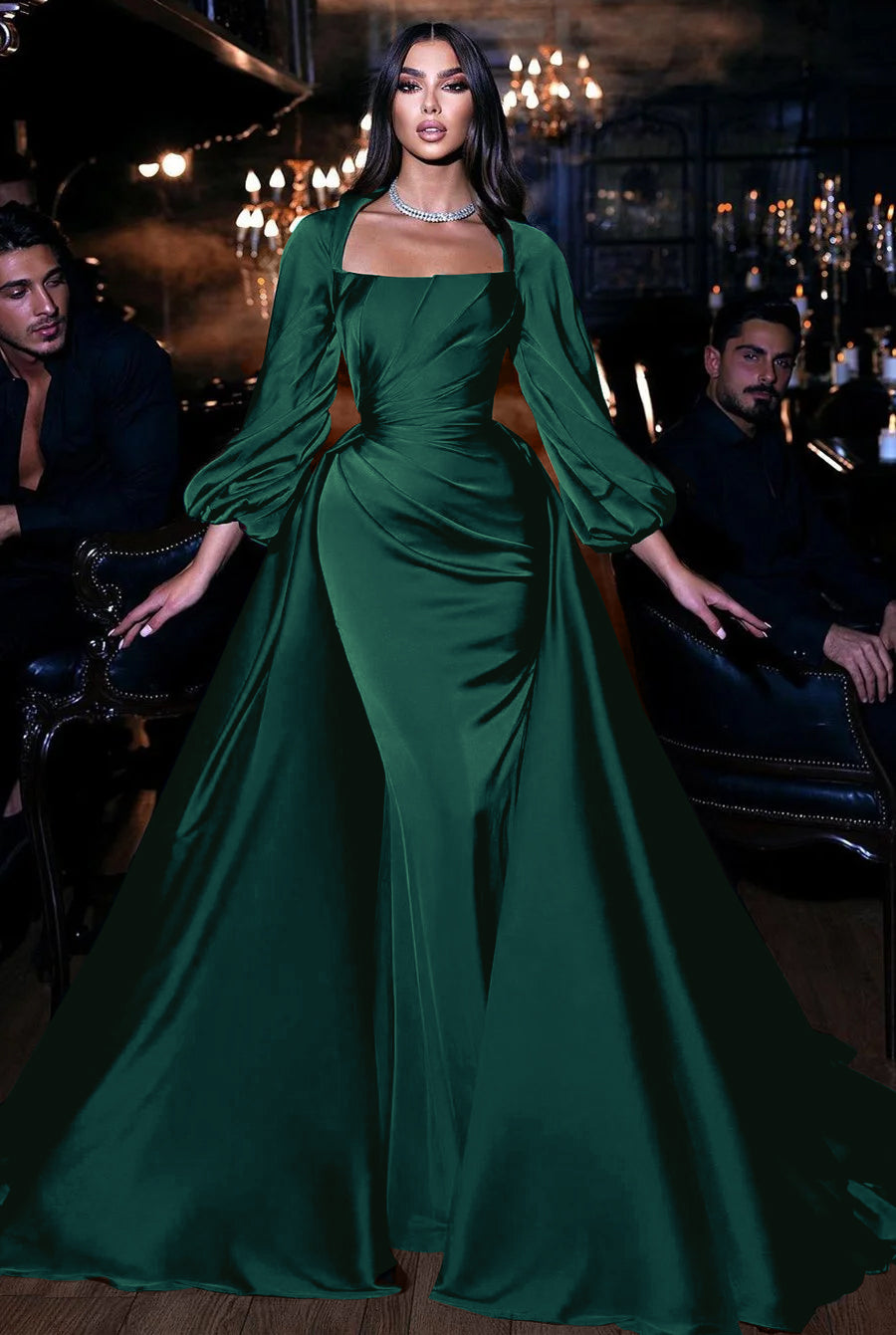 Emerald Square Long Sleeves Mermaid Prom Dress With Ruffles PD0737