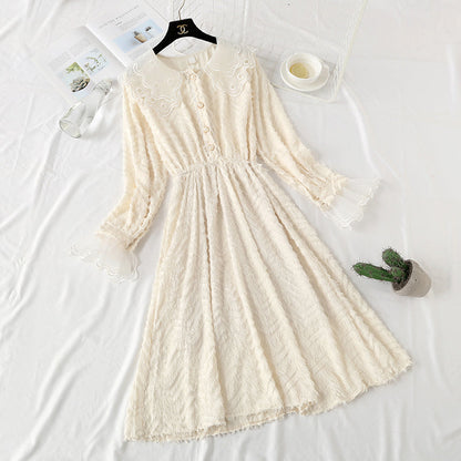 Vintage French Girl Dress Chiffon tassel lace doll neck bottomed skirt  2463