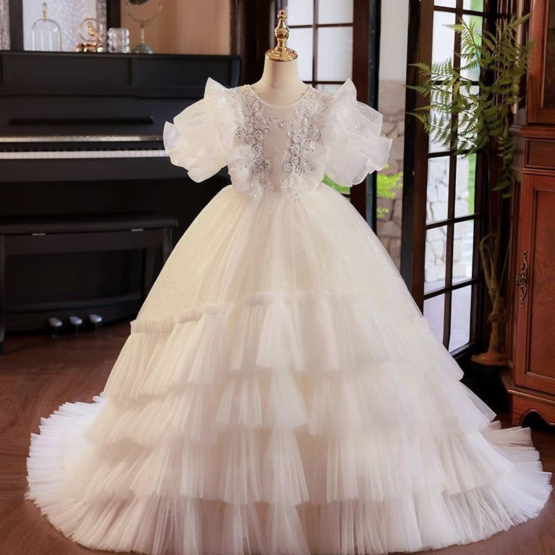 Ball Gown Ruffled Tulle Layered Flower Girl Party Dress with Rhinestone Appliques