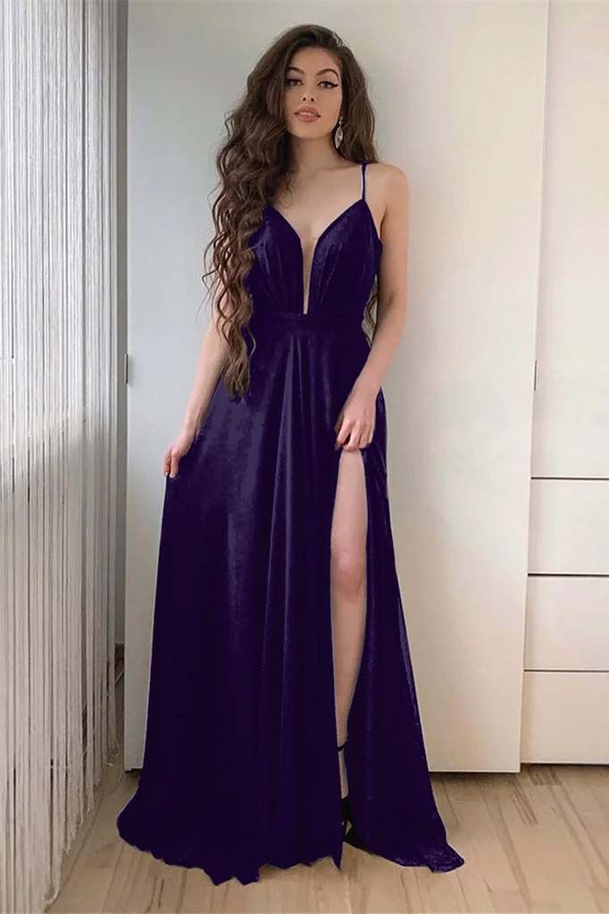 edgynewlook Black Spaghetti-Straps Long Prom Dress With Slit