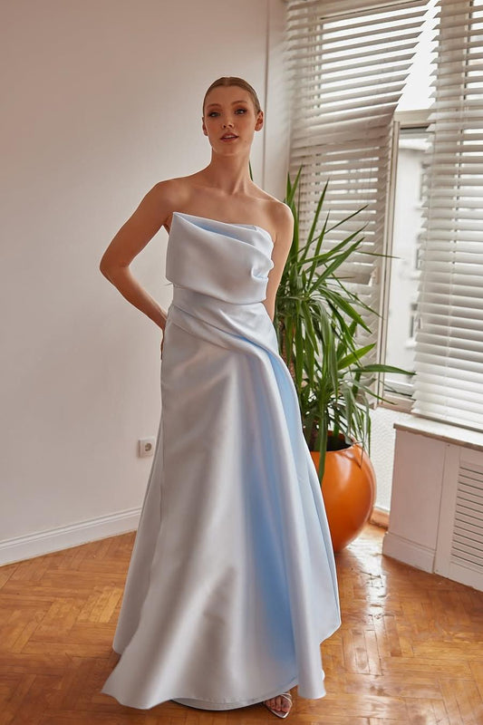 edgynewlook Simple Light Blue Satin Strapless Sleeveless Long Prom Dress with Pleated