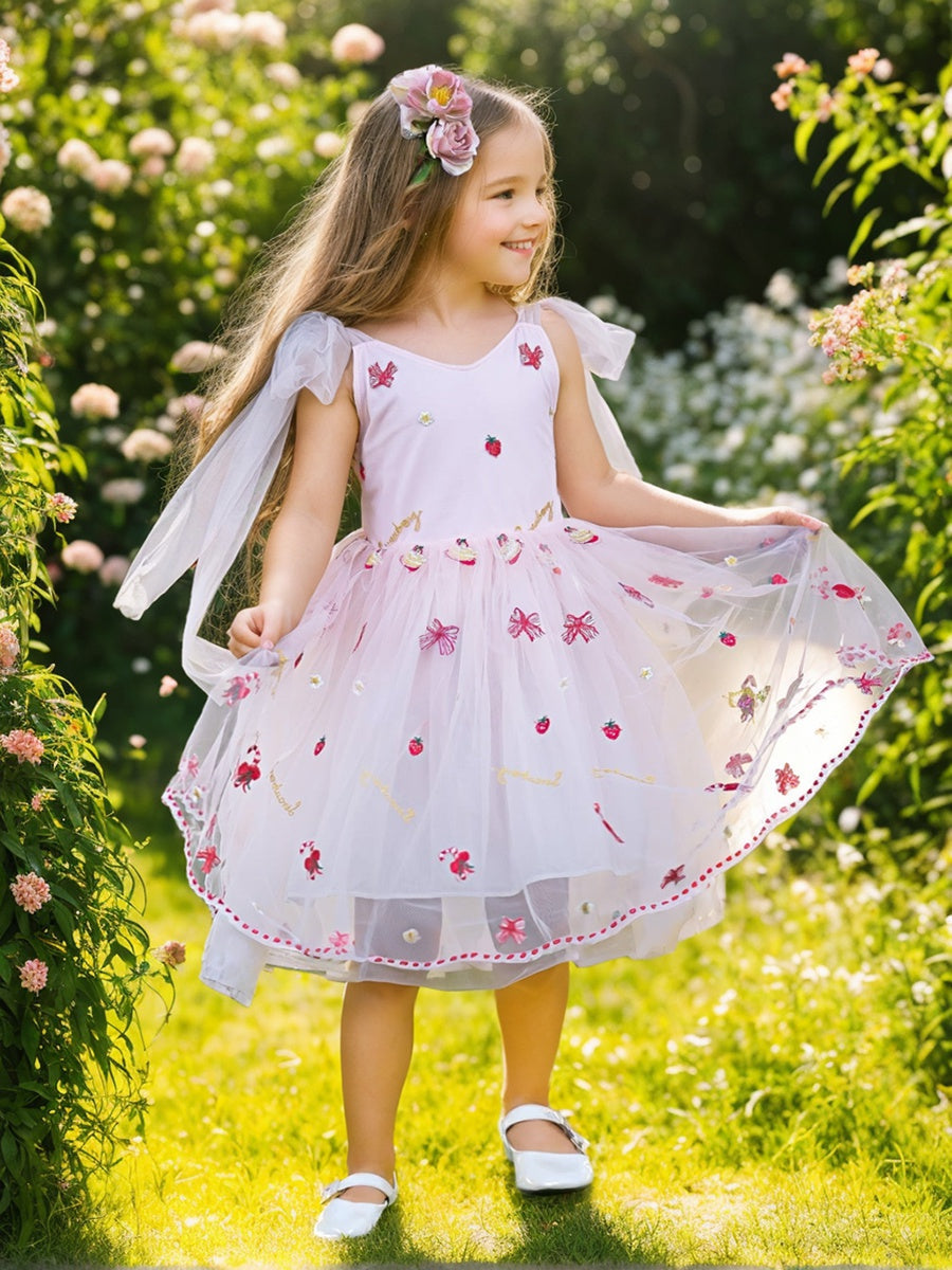 Tulle Knee-length Strawberry Embroidery Flower Girl Dress