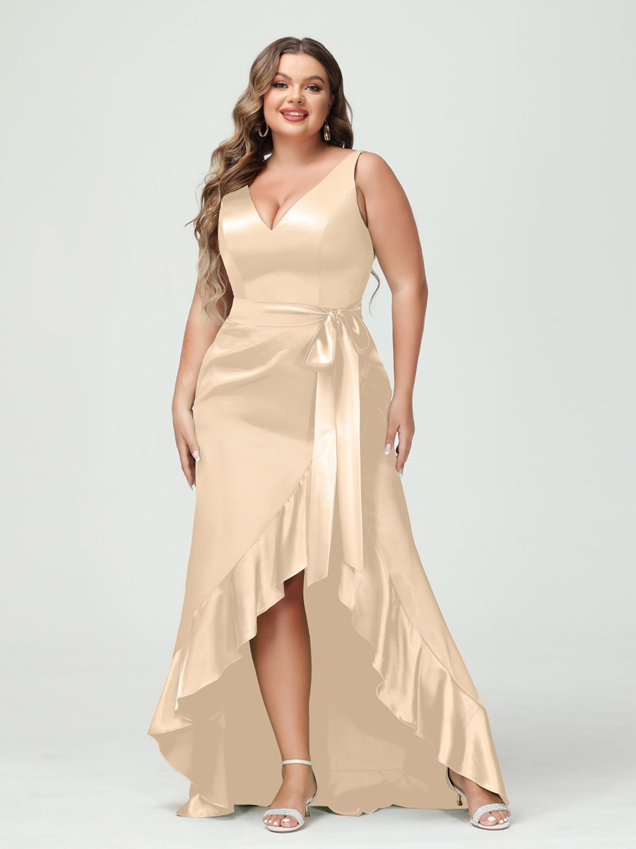 Sheath/Column V-Neck Sleeveless Ruffles High Low Plus Size Dresses with Pockets & Sash