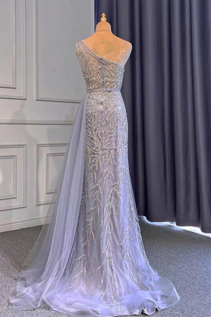 Light Purple Front Split Mermaid Beads One Shoulder Prom Dress With Long Ruffles Appliques ED0173