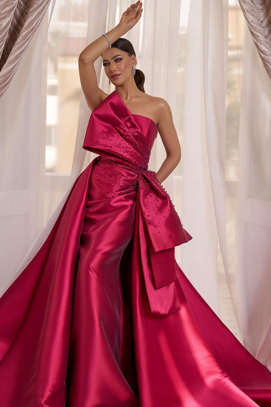 edgynewlook Glamorous Fuchsia Satin Strapless Sleeveless Long Bow Prom Dress with Beadings