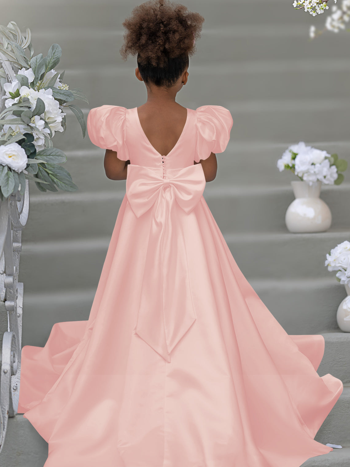 Puff Sleeve Bow Button Back Sweep Train Flower Girl Dress