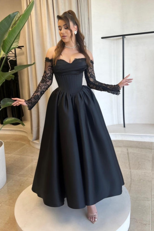 Black Lace Sleeves Strapless Prom Dress ZT0279