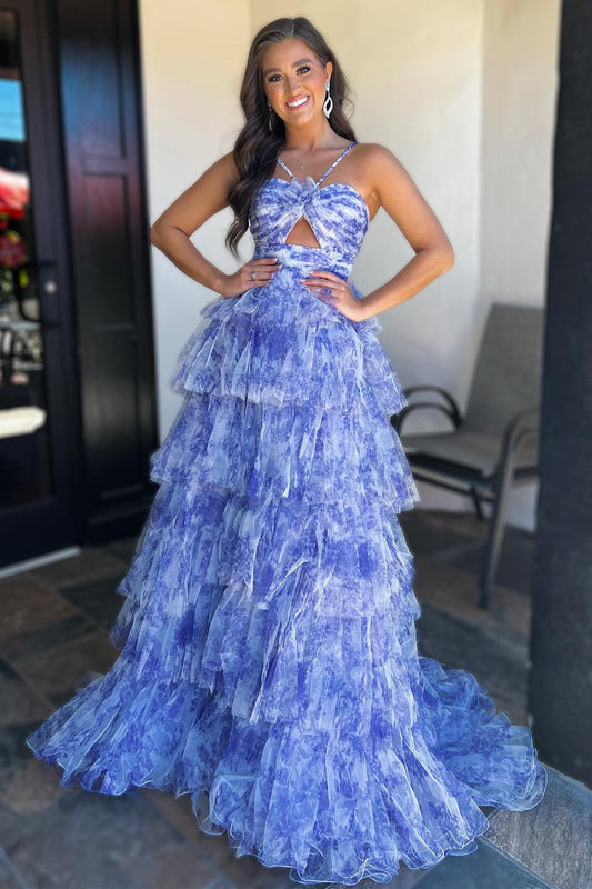 Emmeline| Blue Print Halter Keyhole Ruffle Tiered Long Prom Dress