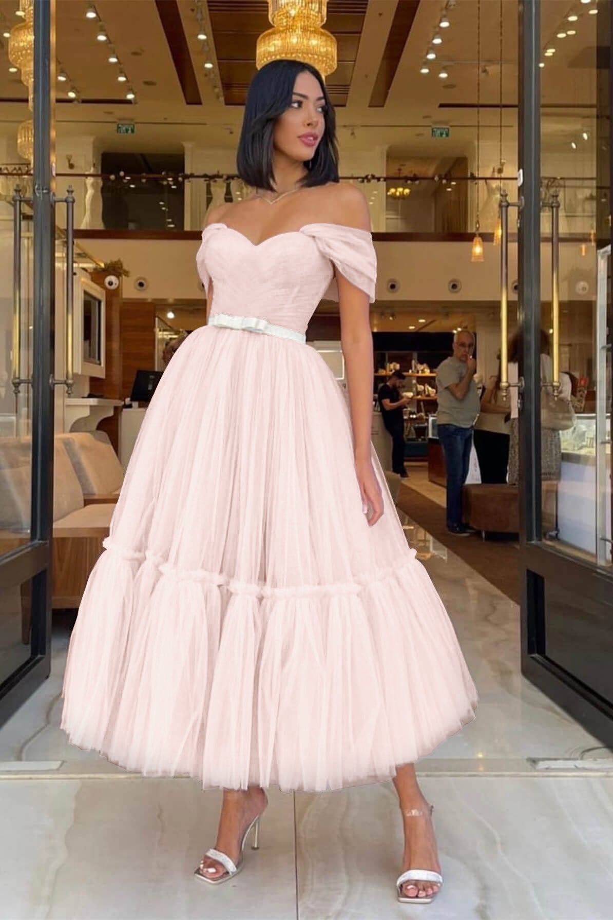 Light Pink Sweetheart Off-The-Shoulder Tulle Prom Dress With Belts ED0159