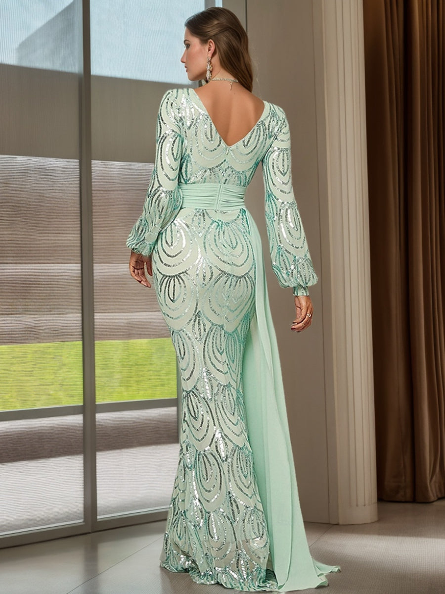 Sheath/Column V-Neck Floor-Length Pleated Evening Dresses with Sequins & Ruffles