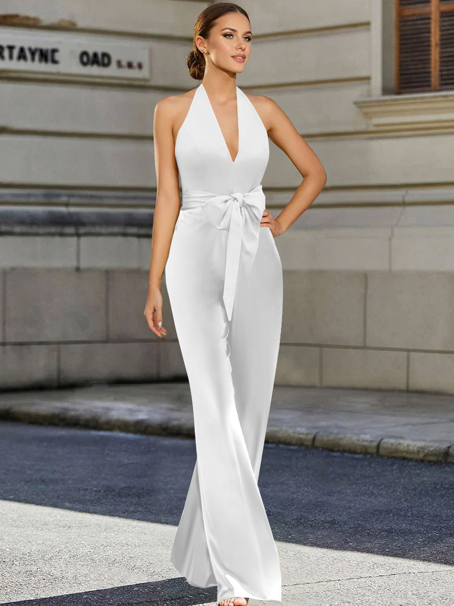 2 Piece V-Neck Sleeveless Floor Length Mother of the Bride Pantsuits with Bow Belt