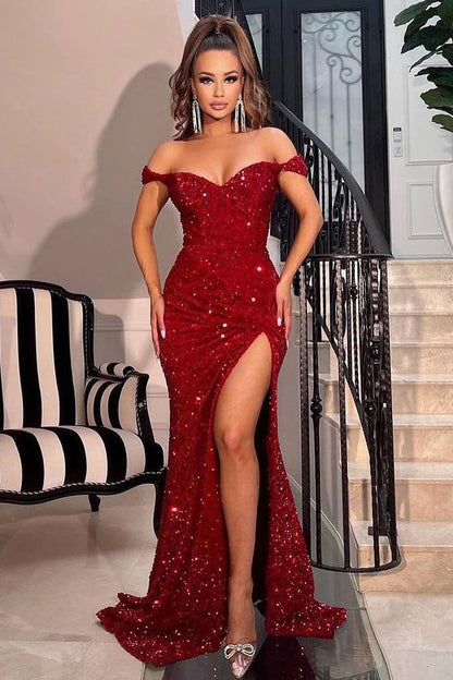 Red Off-The-Shoulder Sweetheart Sequins Mermaid Prom Dress With Split PD0908