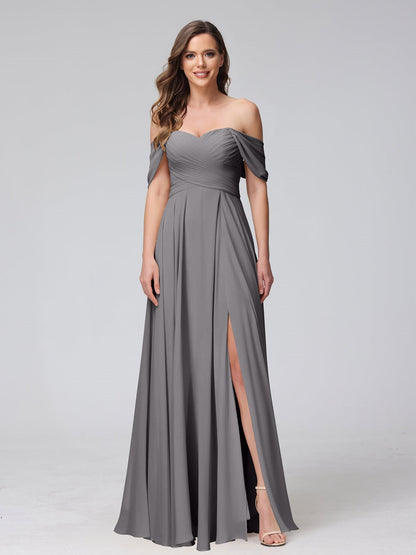 A-Line/Princess Off-the-Shoulder Sleeveless Floor-Length Bridemaid Dresses with Split Side & Ruched