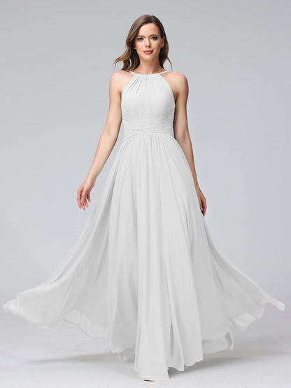 A-Line/Princess Halter Sleeveless Floor-Length Bridemaid Dresses with Ruffles