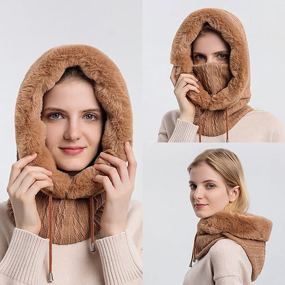 Women's High Quality Winter Hooded Knitted Cashmere Neck Warm Outdoor Ski Windproof Hat Thick Plush Fur Cap Mask Set